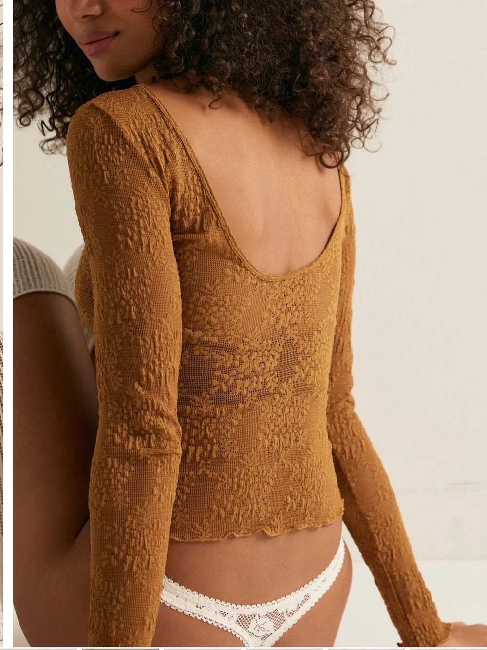 Free People Textured Long Sleeve Top in Rust Brown